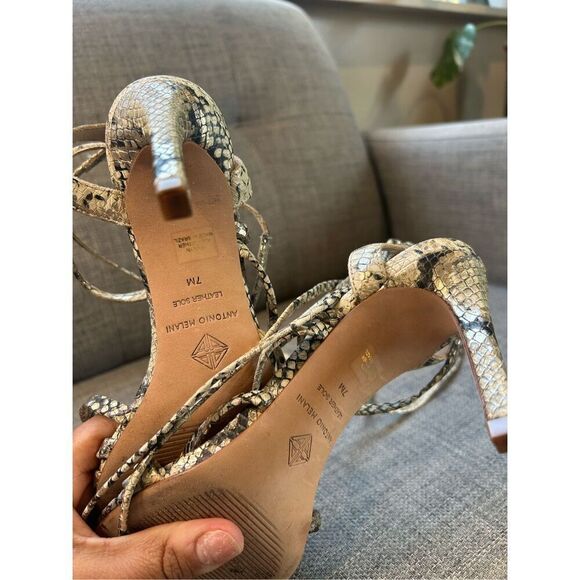 ANTONIO MELANI VAYLYN SNAKE PRINT HEEL SANDALS - Picture 9 of 9